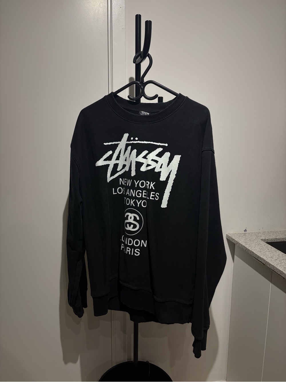 Stussy Black Crewneck Sweatshirt with White Script Logo